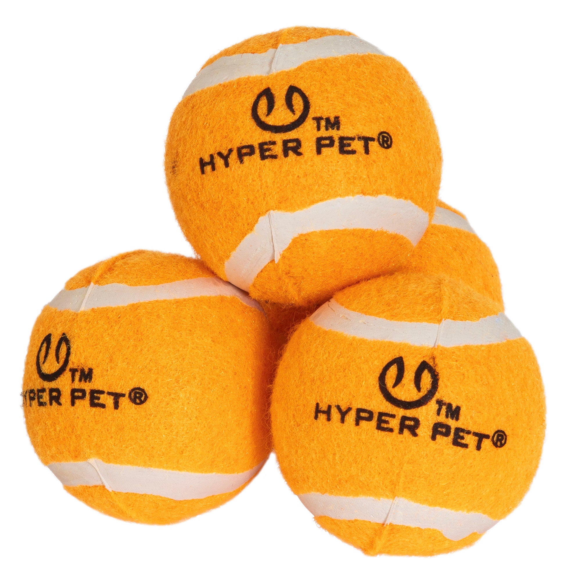The Hyperpet Blaze Orange Tennis Balls 4 Pack features four bright orange balls with white stripes, each displaying the Hyperpet logo and trademark symbol. These pet-safe toys are K9 Kannon compatible, making them ideal for a lively game of fetch.