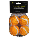 The Hyper Pet Blaze Orange Tennis Balls 4 Pack by Hyperpet includes four orange balls with white stripes, made from Grade A rubber. Safe for dogs teeth and free of harmful coatings, they are perfect for training and can be used with the Hyper Pet K9 Kannon K2 Ball Launcher.