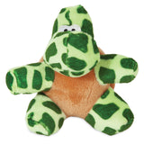 The Zoobilee Softies Dog Toy is a plush turtle with bright and dark green patches on its head, arms, and legs. It features a round, light brown body and two small white eyes with black pupils.
