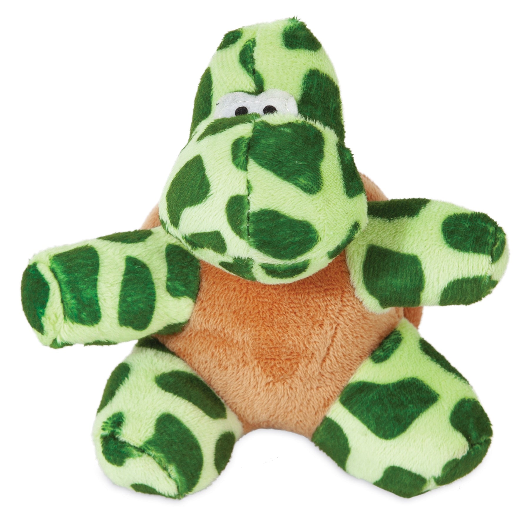 The Zoobilee Softies Dog Toy is a plush turtle with bright and dark green patches on its head, arms, and legs. It features a round, light brown body and two small white eyes with black pupils.