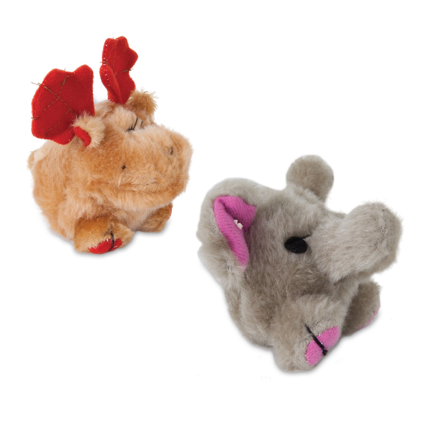 The Zoobilee Small Dog & Puppy Mini Squatters plush toys include a moose with vibrant red antlers and an elephant with pink and gray features, perfect companions for small dogs. With squeaker accents, these charming toys are photographed against a white backdrop.