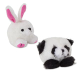 Two Zoobilee Small Dog & Puppy Mini Squatters are displayed: the left is a white rabbit with pink ears and feet, and the right is a panda with black ears, eyes, and paws. Designed for small dogs, these plush toys come with an engaging squeaker inside.
