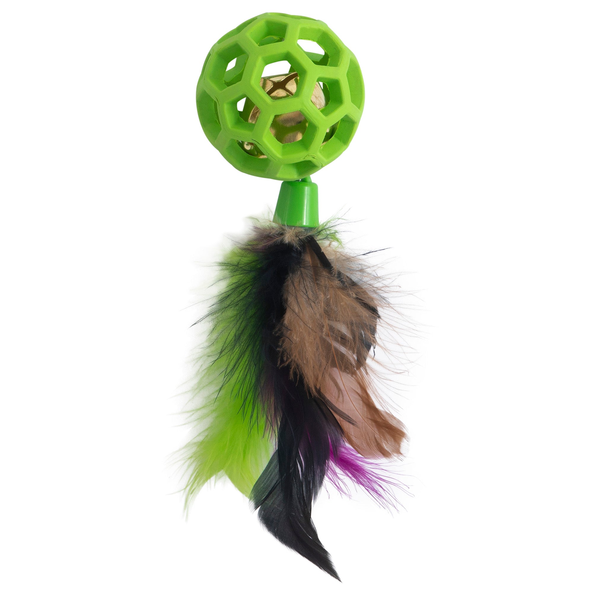 Introducing the JW Cataction Feather Ball with Bell by Jw: a green, lattice-style spherical cat toy featuring an internal bell and colorful feathers in green, brown, black, and purple at the base for endless feline fun.