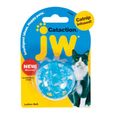 The JW Cataction Lattice Ball Cat Toy by JW is an interactive blue plastic ball with catnip, packaged with a black and white cat photo on a blue and yellow background. The packaging features “Catnip Infused!” and “NEW!” in red.