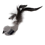 The JW Cataction Black And White Bird Toy by Jw is a plush toy with a textured grey body, striped pattern, and black beak. It features long black and grey feathers on the tail, perfect for any bird toy collection.