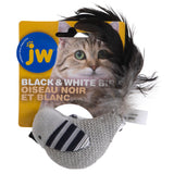 The JW Cataction Black And White Bird Toy, infused with catnip, features a bird shape and a striped feathered tail. Its attached to yellow and blue cardboard packaging with a cat photo and Black & White Bird text in English and French.
