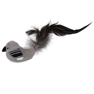 The JW Cataction Black And White Bird Toy by Jw, perfect for feline fun, features a grey, textured body with a small black eye and beak. It has long, soft black feathers for a tail and a striped patch on its side resembling a wing.