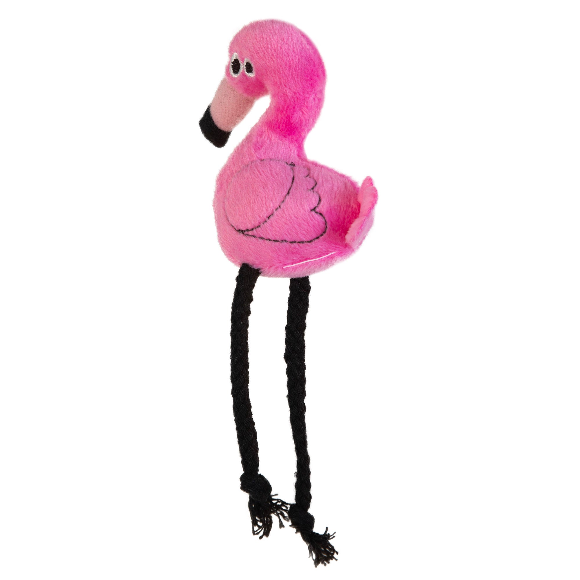 The Mad Cat Flingin Flamingo Catnip & Silvervine Toy is a charming stuffed pink flamingo with embroidered eyes and wings, a black beak, and long braided string legs. Perfect for playful cats or as an attractive decoration.