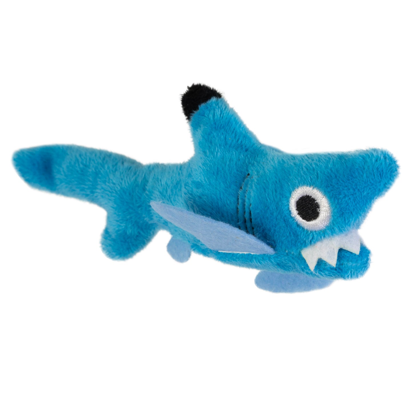 The Mad Cat Shark Biter Catnip & Silvervine Cat Toy from Mad Cat is a playful, cartoon-style plush shark with a bright blue body, white felt teeth, a large round eye, and a small black fin. Infused with enticing catnip and silvervine, its perfect for endless feline fun.