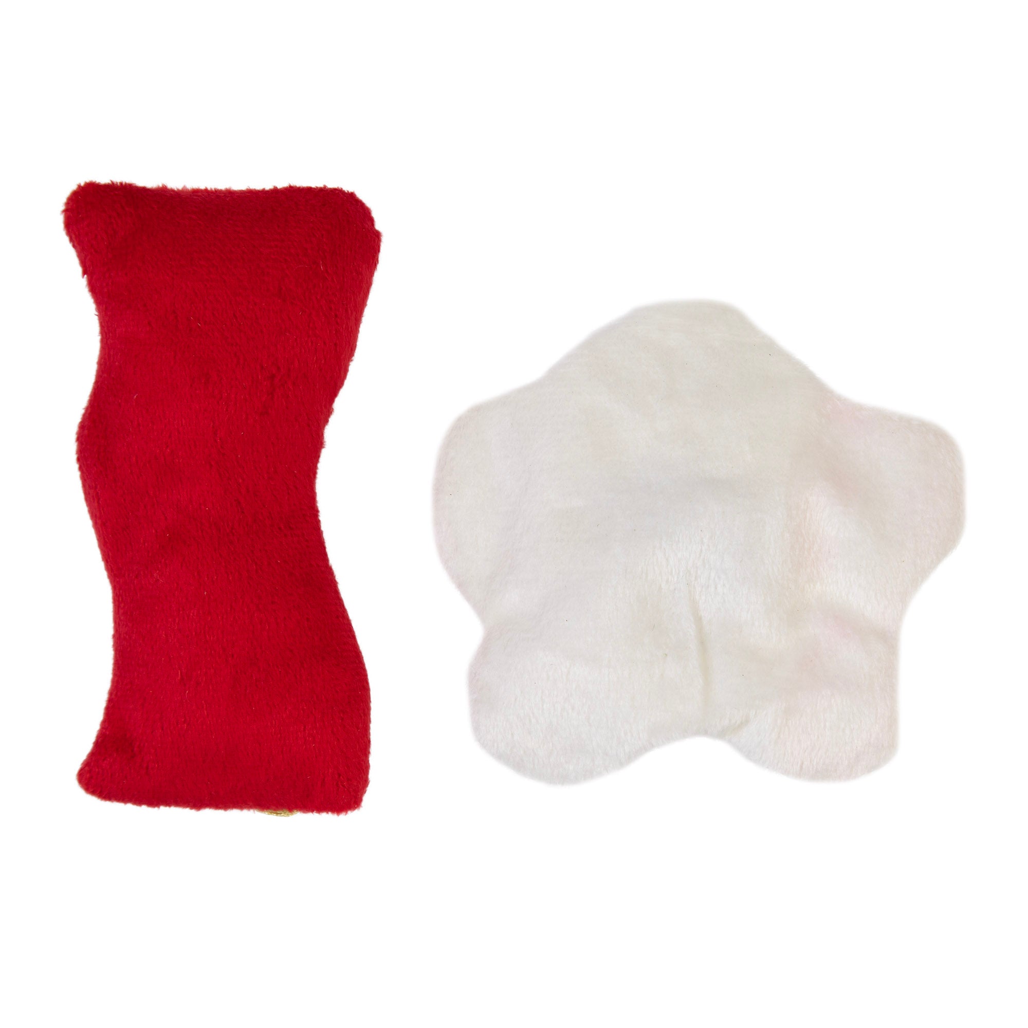 A red, rectangular plush pillow sits next to a white cloud-shaped pillow with Mad Cat Brunch Buddies Bacon N Eggs Catnip & Silvervine Toy on a white background, perfect as a toy infused with silvervine for hours of feline fun.