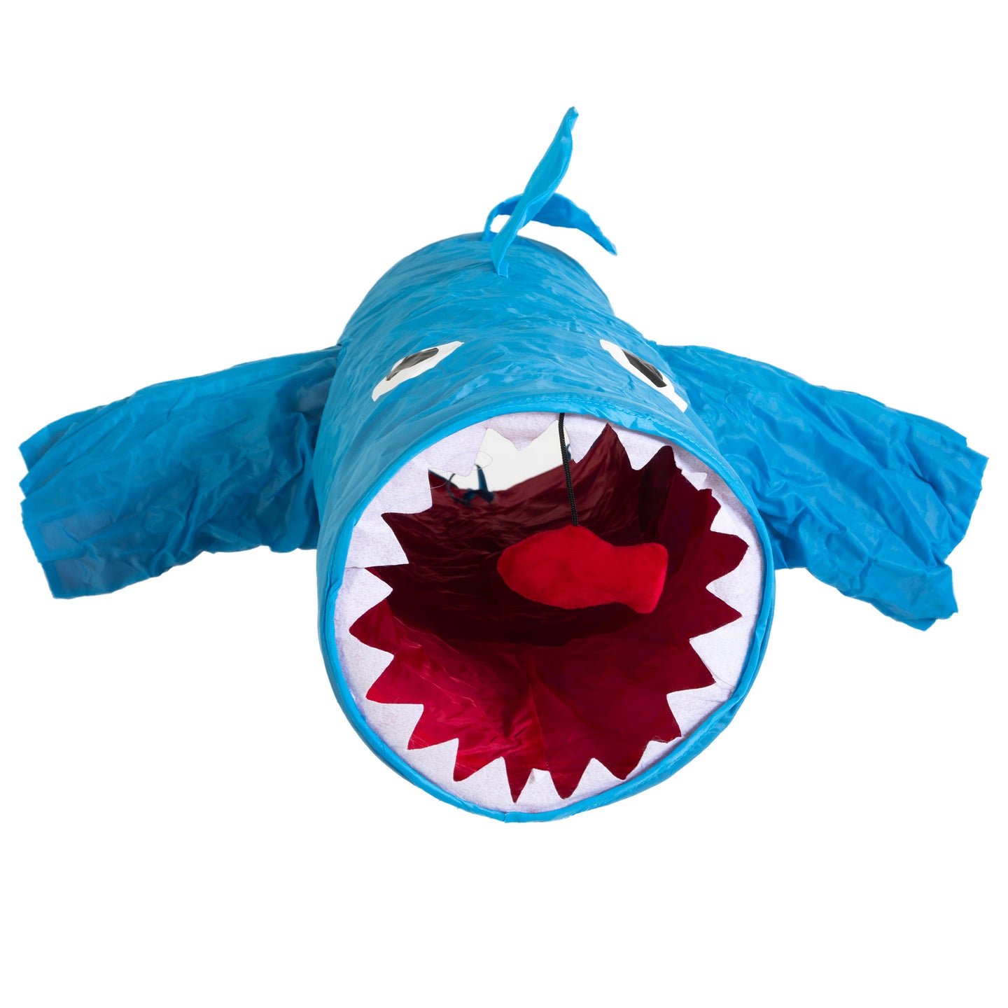 The Mad Cat Jumpin Jaws Shark 38 Tunnel is a blue fabric play tunnel designed like a shark with large eyes, a red mouth interior, and sharp white teeth. It includes side fins and a top tail fin, creating an open-mouth entrance ideal for interactive fun and agility training.