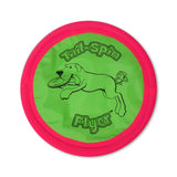 The Petmate Booda Tail Spin Flyer is a round green and pink interactive dog toy featuring a dog-catching frisbee illustration. The Tail-Spin Flyer text adds to the excitement, making it an ideal fetch toy for your pet.