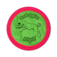 The Petmate Booda Tail Spin Flyer is a round green and pink interactive dog toy featuring a dog-catching frisbee illustration. The Tail-Spin Flyer text adds to the excitement, making it an ideal fetch toy for your pet.