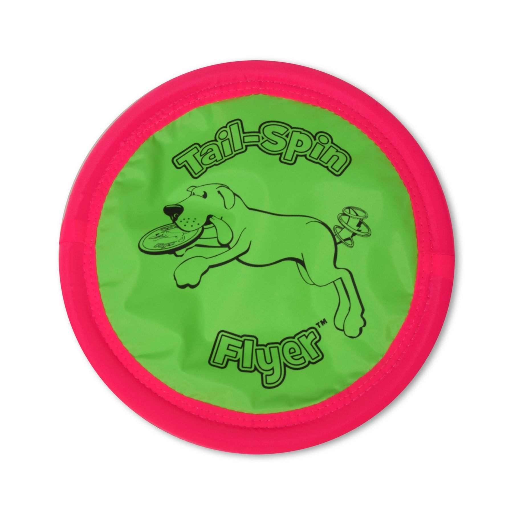 The Petmate Booda Tail Spin Flyer is a round green and pink interactive dog toy featuring a dog-catching frisbee illustration. The Tail-Spin Flyer text adds to the excitement, making it an ideal fetch toy for your pet.