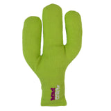 The Mad Cat Dizzy Desert Catnip Cat Toy is a lime green glove with three fingers resembling a cactus, featuring textured fabric perfect for catnip play. Hand clean is printed in purple and white at the base, offering mental stimulation for cats while ensuring fun playtimes.