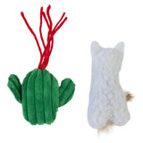 On the left is a fluffy green cactus plush toy with red string spikes, while on the right theres a white, fuzzy cat-shaped plush with a small brown tail and silvervine hints. Both irresistible Mad Cat toys, cleverly designed for cats, are isolated on a white backdrop.