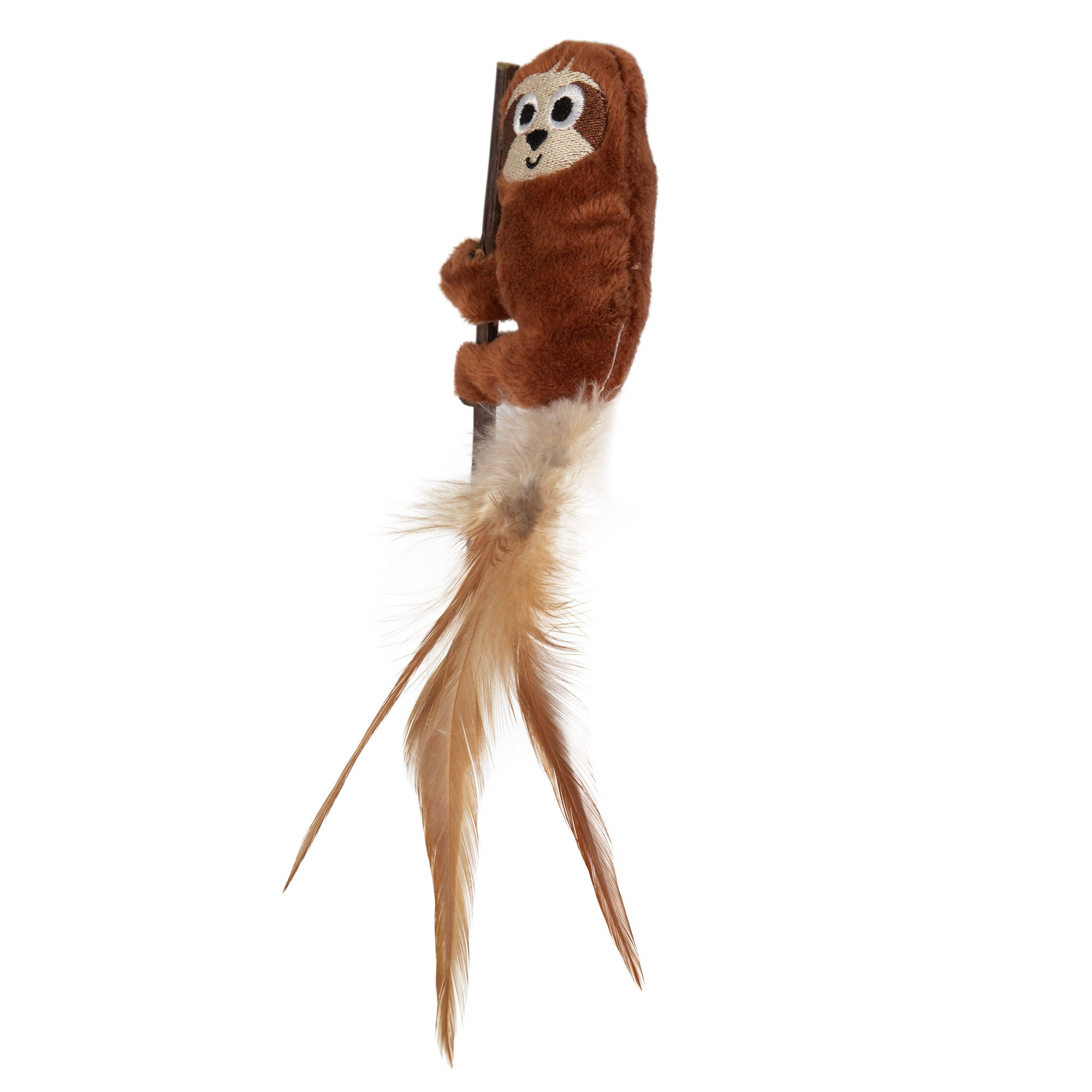The Mad Cat Sloth With Catnip & Silverine Cat Toy from Mad Cat is a playful plush toy shaped like a sloth with a smiling face holding onto a stick. It has long, fluffy white and brown feather accents resembling a tail, designed for extra feline fun.