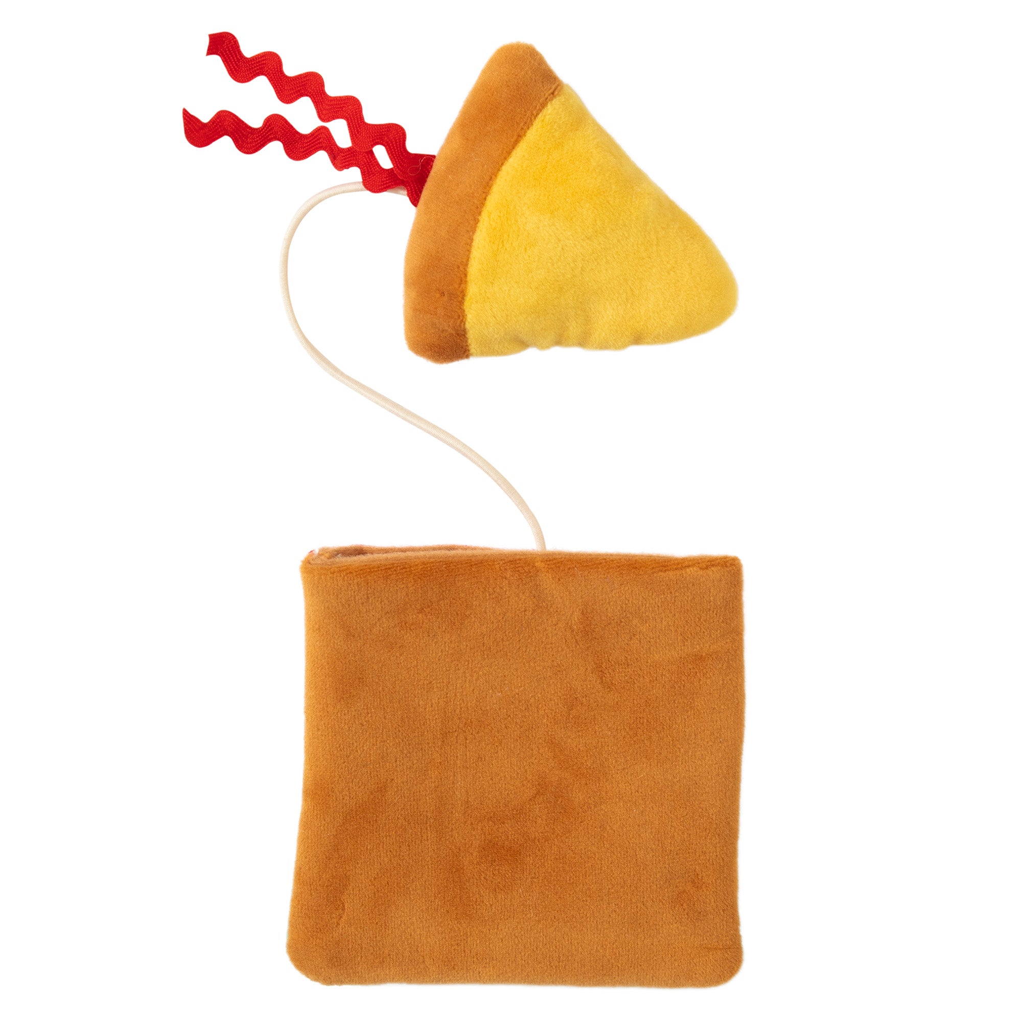 The Mad Cat Purrfect Pizza is a plush puzzle toy with a yellow top and brown crust, resembling a pizza slice. Red ribbon pepperoni toppings connect to a brown plush box. Add Silvervine or North American catnip for added feline fun!.