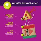 The Mad Cat Purrfect Pizza is a pizza-themed plush puzzle toy for cats featuring a smiling pizza slice with North American catnip and Silvervine, nestled in a Purrfect Pizza bag. With crinkle sounds and interactive hide-and-seek elements, it offers endless play.