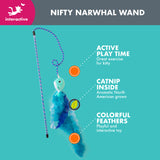 The Quirky Kitty Nifty Narwhal Wand cat toy offers interactive fun with colorful feathers and a plush narwhal. Infused with catnip, its perfect for lively playtime, keeping your cat entertained and engaged.