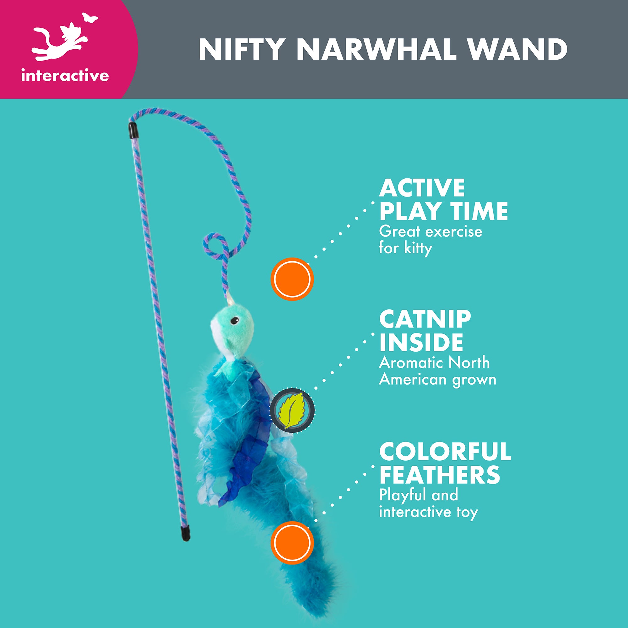 The Quirky Kitty Nifty Narwhal Wand cat toy offers interactive fun with colorful feathers and a plush narwhal. Infused with catnip, its perfect for lively playtime, keeping your cat entertained and engaged.