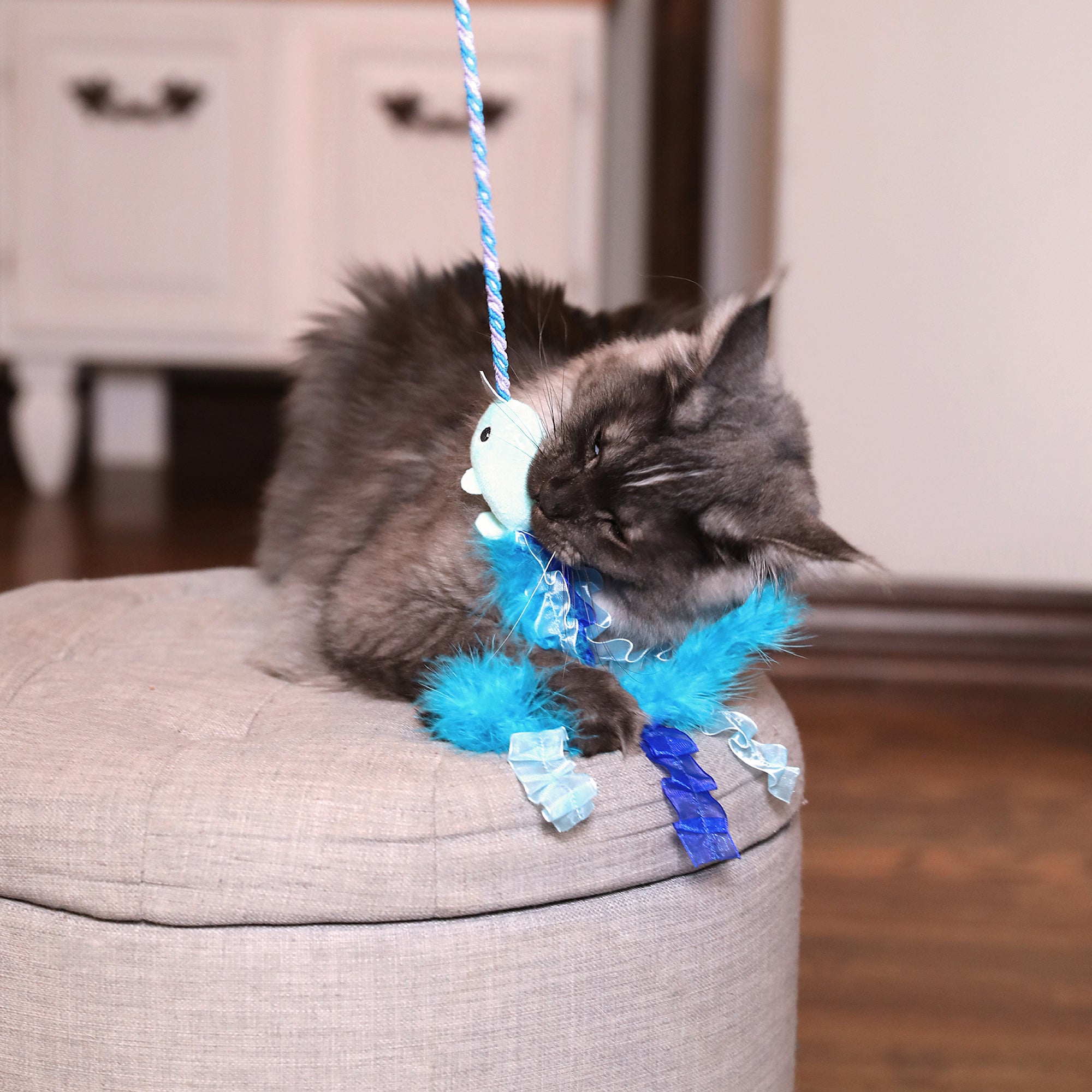 A fluffy gray cat plays with the Quirky Kitty Nifty Narwhal Wand, nibbling its blue feathered, catnip-infused toy atop a round beige ottoman, set against wooden flooring and a white cabinet.