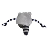 The Quirky Kitty Rolly Raccoon Catnip Bobbler, a plush toy by Quirky Kitty, looks like a gray raccoon with black-and-white striped limbs and tail. It has small ears and a soft texture, resting on a round base that wobbles charmingly to spark your cats hunting instincts.