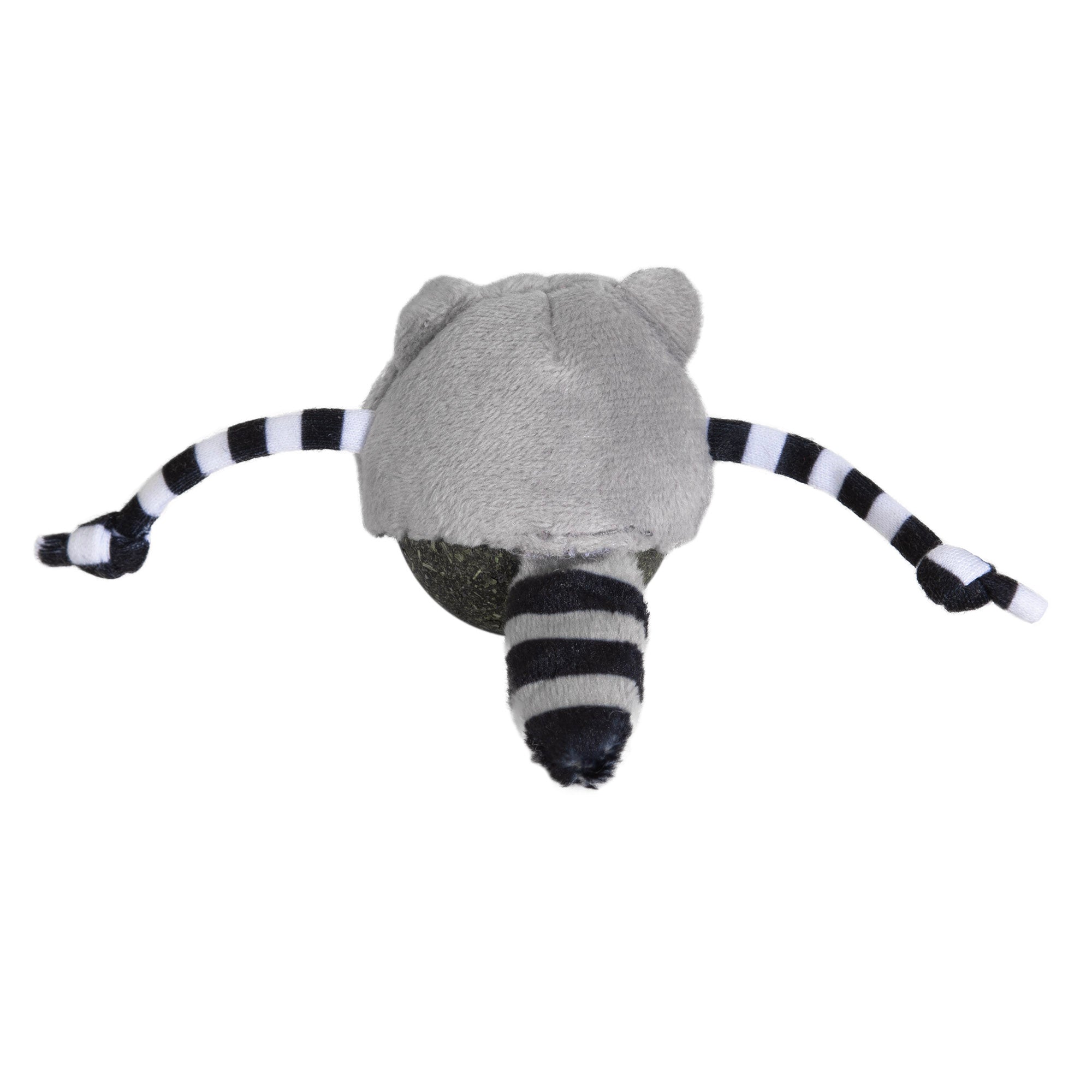 The Quirky Kitty Rolly Raccoon Catnip Bobbler, a plush toy by Quirky Kitty, looks like a gray raccoon with black-and-white striped limbs and tail. It has small ears and a soft texture, resting on a round base that wobbles charmingly to spark your cats hunting instincts.