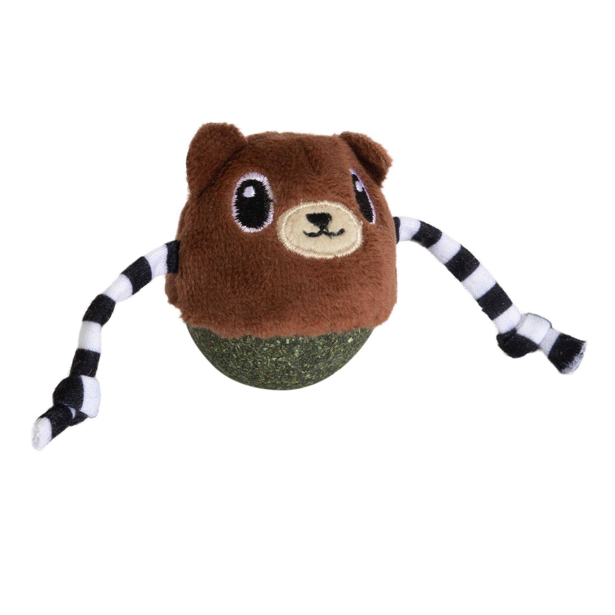 The Quirky Kitty Bobble Bear Catnip Bobbler Cat Toy features a plush bear with a round body, brown fuzzy head, embroidered face, and long black and white striped arms. Packed with compressed catnip, its perfect for entertaining your feline companion.