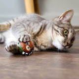 A gray tabby cat lies on a wooden floor, playfully holding the Quirky Kitty Bobble Bear Catnip Bobbler Cat Toy. Eyes wide open and paws wrapped around the toy in a green outfit, its enchanted by the hidden catnip inside.