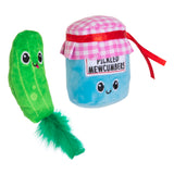 The Quirky Kitty Pickled Mewcumbers Catnip Plush Cat Toy features a plush green pickle with a smiley face, a feather, and a blue plush jar sporting a pink checkered lid and red ribbon. Both are adorned with cheerful smiles to add whimsical fun for your feline friend.