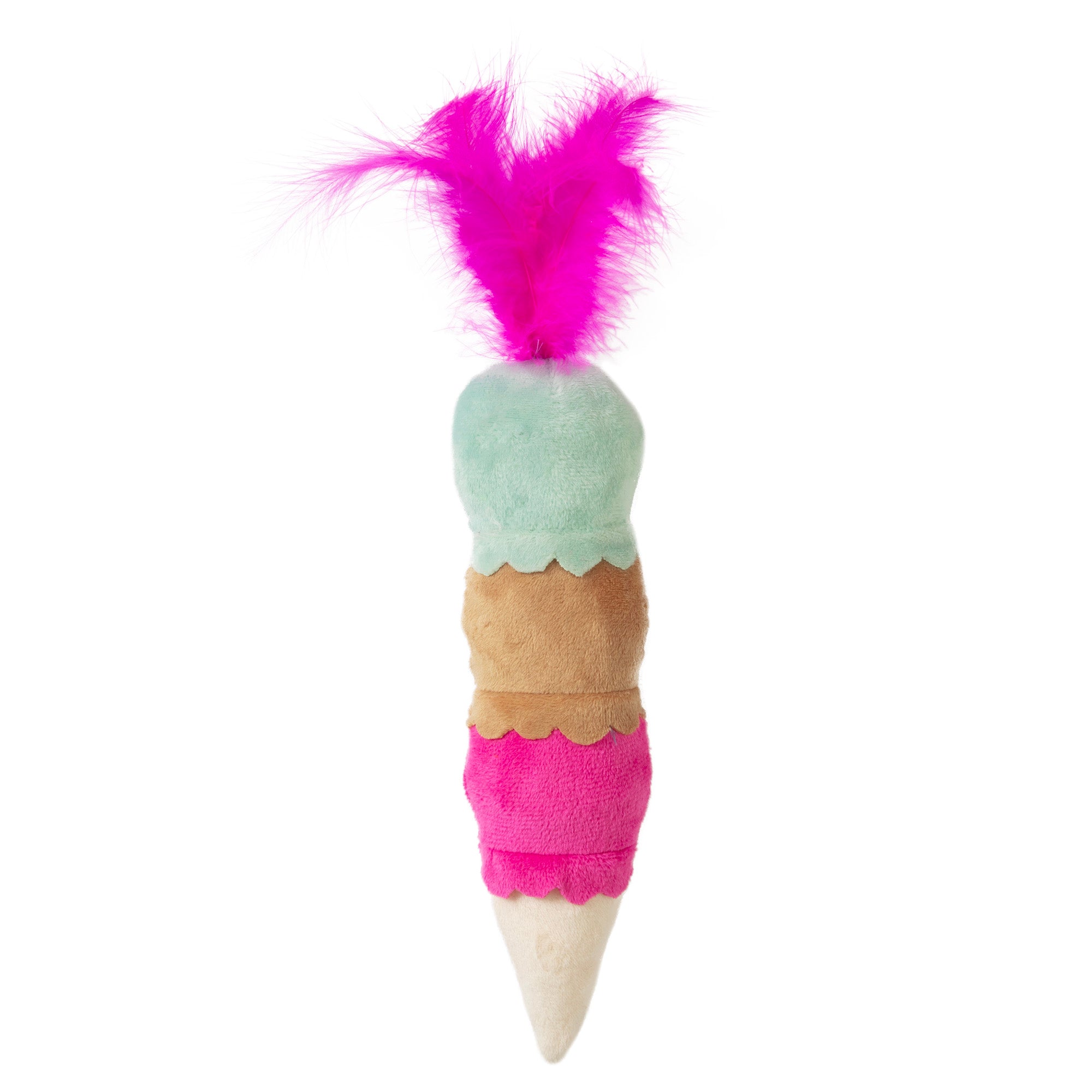 The Quirky Kitty Ice Cream Kicker Cat Toy is a plush shaped like an ice cream cone with teal, light brown, and pink layers topped with vibrant pink feathers. Infused with catnip, this delightful toy will entertain your feline friend for hours.