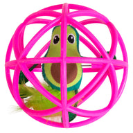 The Quirky Kitty Guacmeowy Ball of Fury Fury is an interactive electronic cat toy featuring a green and brown plush bird with wide eyes inside a pink spherical cage. Green and yellow feathers peek out, making it enticing for play.