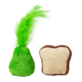 The Quirky Kitty Avocado Toast Catnip Plush Cat Toy, featuring a plush green pear and fluffy feather alongside a plush slice of white bread with brown crust, is filled with North American catnip for joyful playtime.