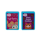Two vibrant Mad Cat Purr Scout Cookies Batty Boxes impress with charm: one labeled Furfetti Extra Soft Sugar Cookies featuring a cat, the other Purr Scout Cookies with a kitten illustration. Ideal for playful Mad Cat® moments!.