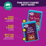 The promotional image for Mad Cat Purr Scout Cookies Batty Boxes shows two colorful, cartoon-themed cookie boxes labeled Furfetti and Purr Scout Cookies. Infused with Mad Cat® catnip, the toys offer slides, glides, and fun playtime. A hunting icon is seen at the top left.