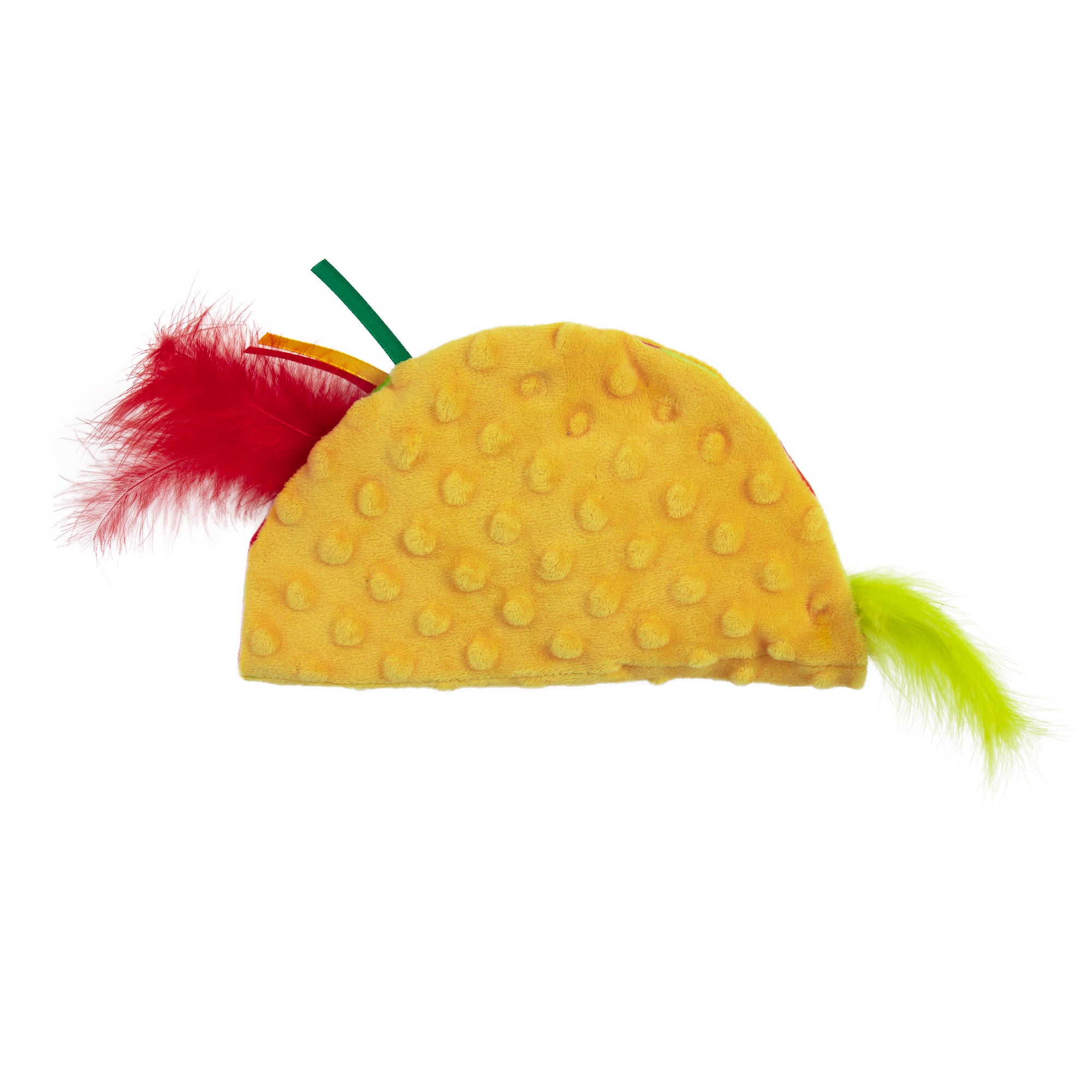 The Mad Cat Shrimp Taco Stuffer Play Mat, with its yellow shell and textured dots, green strap, red and lime green feathers, resembles taco ingredients. Its infused with silvervine for ultimate feline fun, making it perfect for your playful kitty.