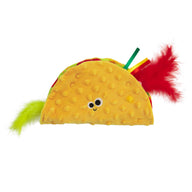 The Mad Cat Shrimp Taco Stuffer Play Mat is a plush toy designed like a taco with a yellow, textured shell. Featuring adorable cartoon eyes and a small smile, it has red and green feathers resembling lettuce and toppings. Infused with catnip, its ideal for playful feline adventures!.