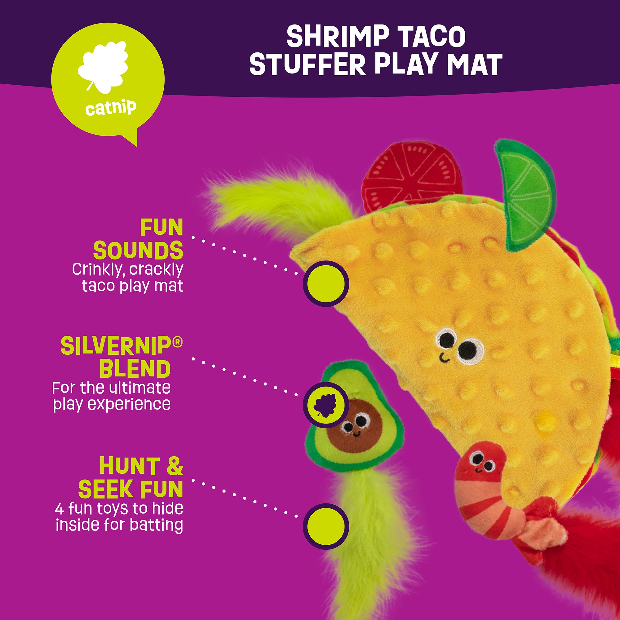 The Mad Cat Shrimp Taco Stuffer Play Mat is a vibrant cat toy with crinkly sounds and a Silvervine blend for heightened play. Its designed for hunt and seek, featuring hidden toys for batting. Perfectly complements your pets favorite play mat against a bright purple background.