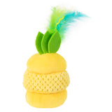 The Mad Cat Pouncin Pineapple Stacker Puzzle is a plush toy resembling a pineapple with soft yellow fabric, a textured middle, three green felt leaves, and a small feather. Infused with catnip, its perfect for feline fun.