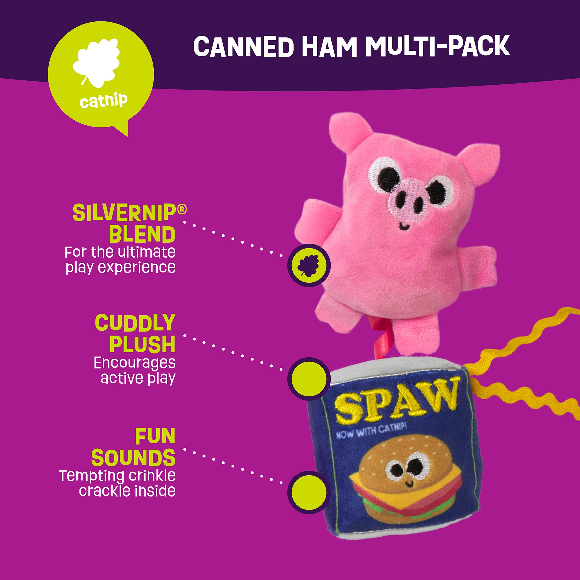 The Mad Cat Canned Ham catnip toy set includes a plush pink pig infused with a SILVERNIP® and silvervine blend, providing a soft texture and fun sounds. The SPAW can features a burger and cat print with a vibrant purple and pink design.