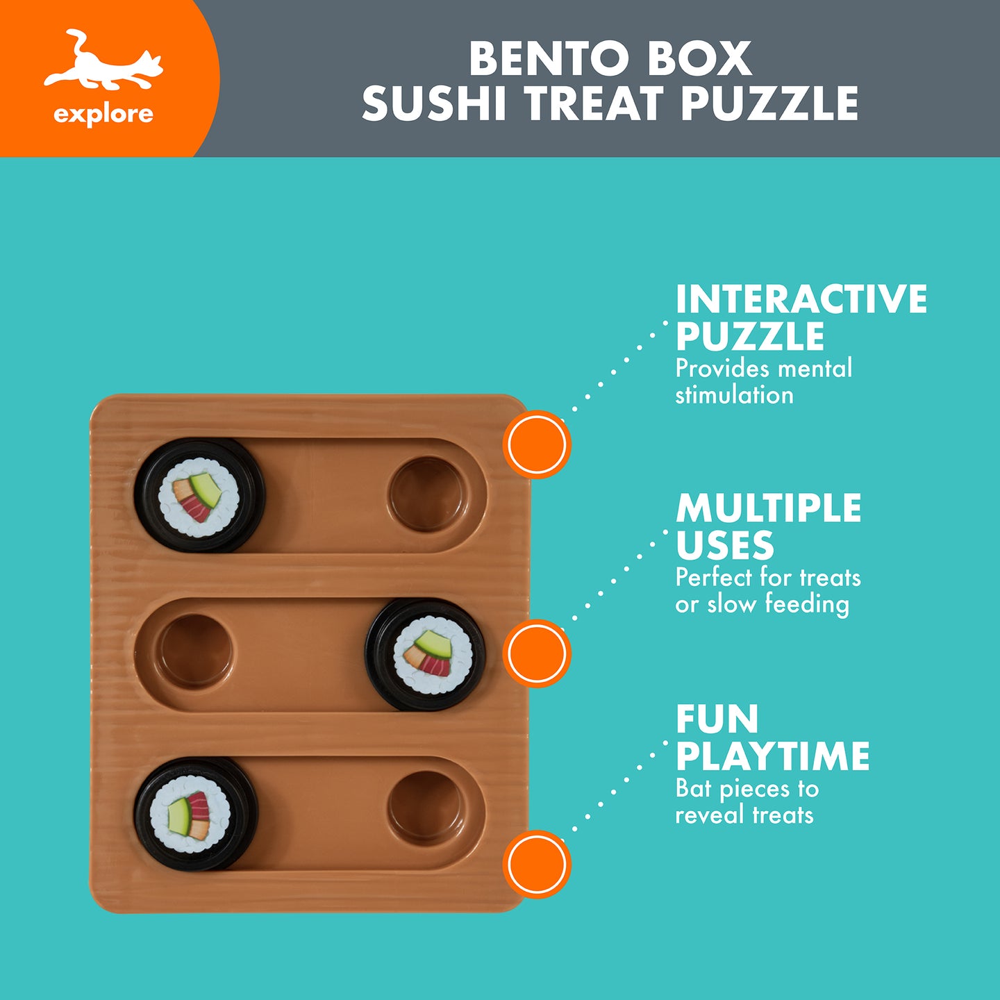 The Quirky Kitty Sushi Bento Box Puzzle Cat Toy by Quirky Kitty is an engaging brown puzzle toy with three compartments, each holding a sushi-shaped piece, designed to boost your cats cognitive skills with playful bat pieces for treats and slow feeding fun.