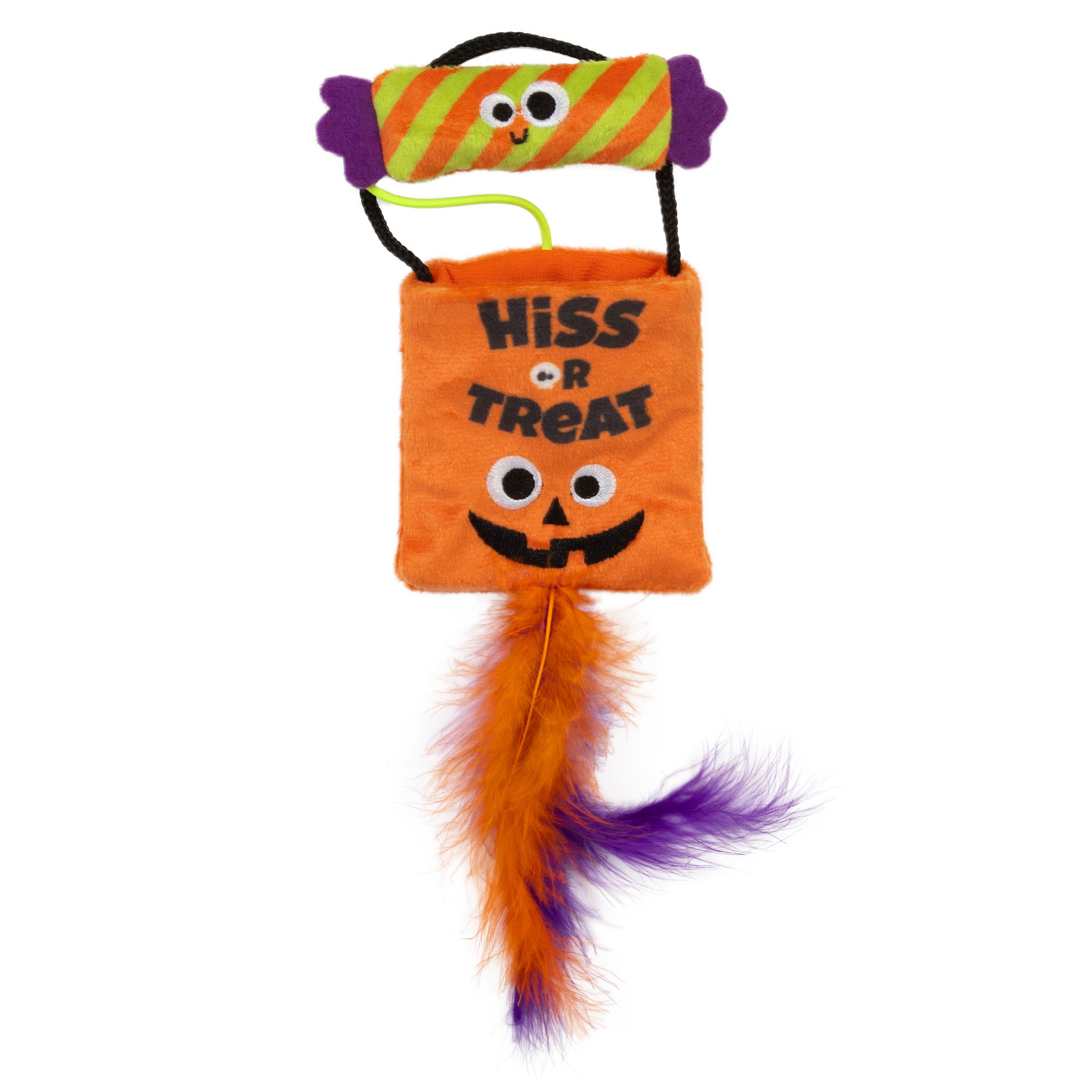 The Mad Cat Treat Bag Hide-A-Toy is a vibrant catnip toy with Hiss or Treat on an orange square, googly eyes, and a smile. Topped like candy, its feathered orange and purple tail adds to the feline fun.
