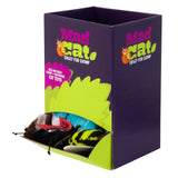 A purple Mad Cat Buggin Out Bulk Bin box with colorful Mad Cat and Crazy for Catnip text features a cutout showcasing assorted cat toys with Mad Cat® Silvernip®, along with an illustration of an orange cat lounging nearby.