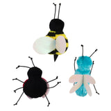 The Mad Cat Buggin Out Bulk Bin includes three plush toy insects: a bee with white wings, a ladybug, and a blue insect with white wings. Infused with Mad Cat® Silvernip®, these toys feature antennae and legs for endless feline fun.