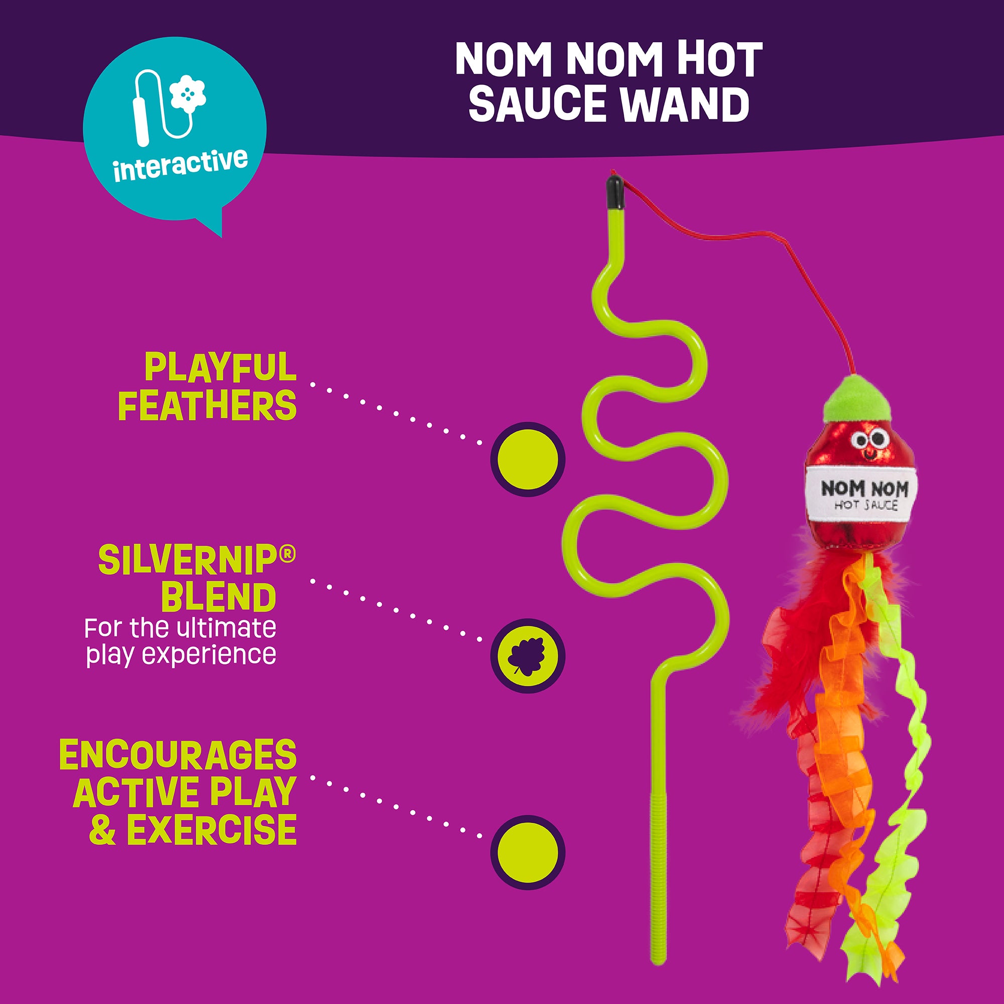 Discover the Mad Cat Nom Nom Hot Sauce Ribbon Wand: a vibrant green stick with lively feathers and plush, featuring a Silvernip blend of silvervine and catnip for energetic play. Perfectly set against a bold purple background to keep your furry friend active.