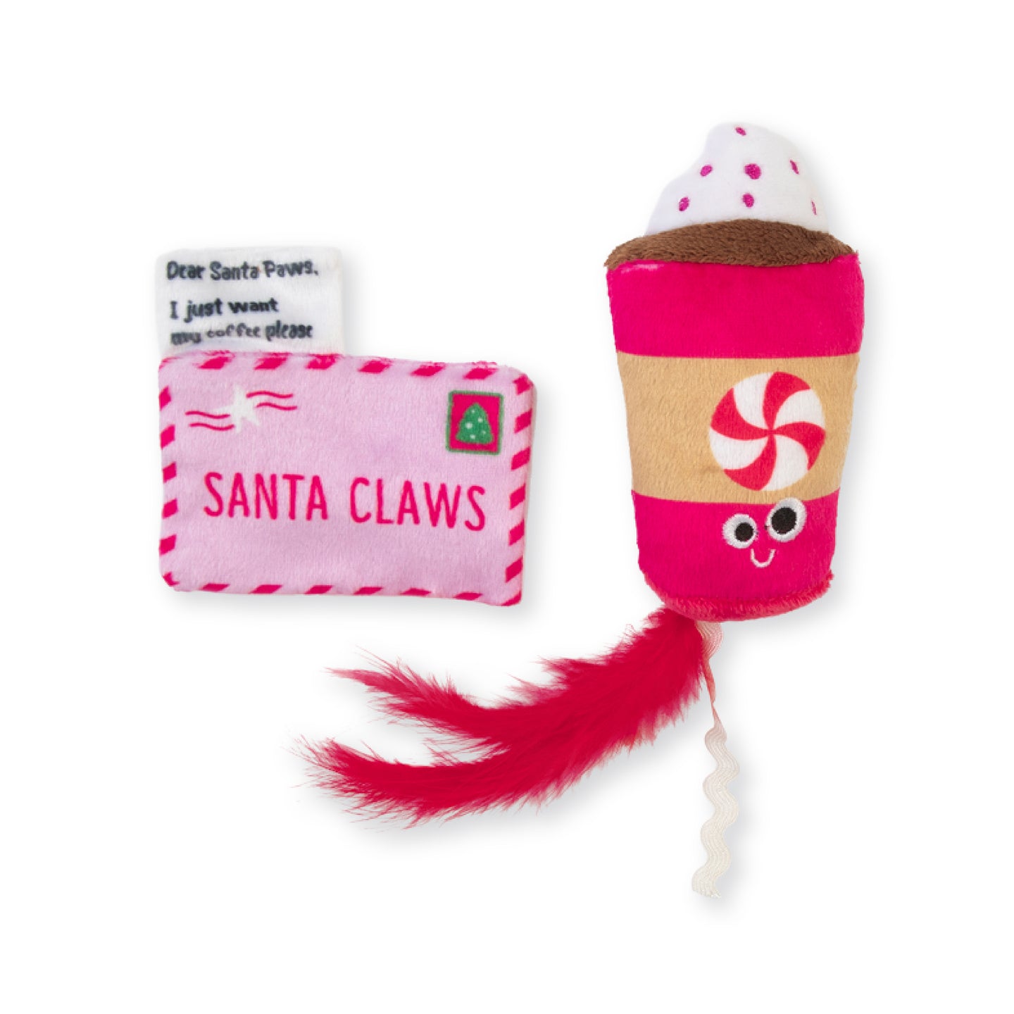 The Mad Cat Pepurrmint Latte 2 Pack Cat Toy includes a plush letter with Dear Santa Paws text and a paw print, plus a pink Pepurrmint Latte frappuccino toy featuring peppermint design and a red feather.