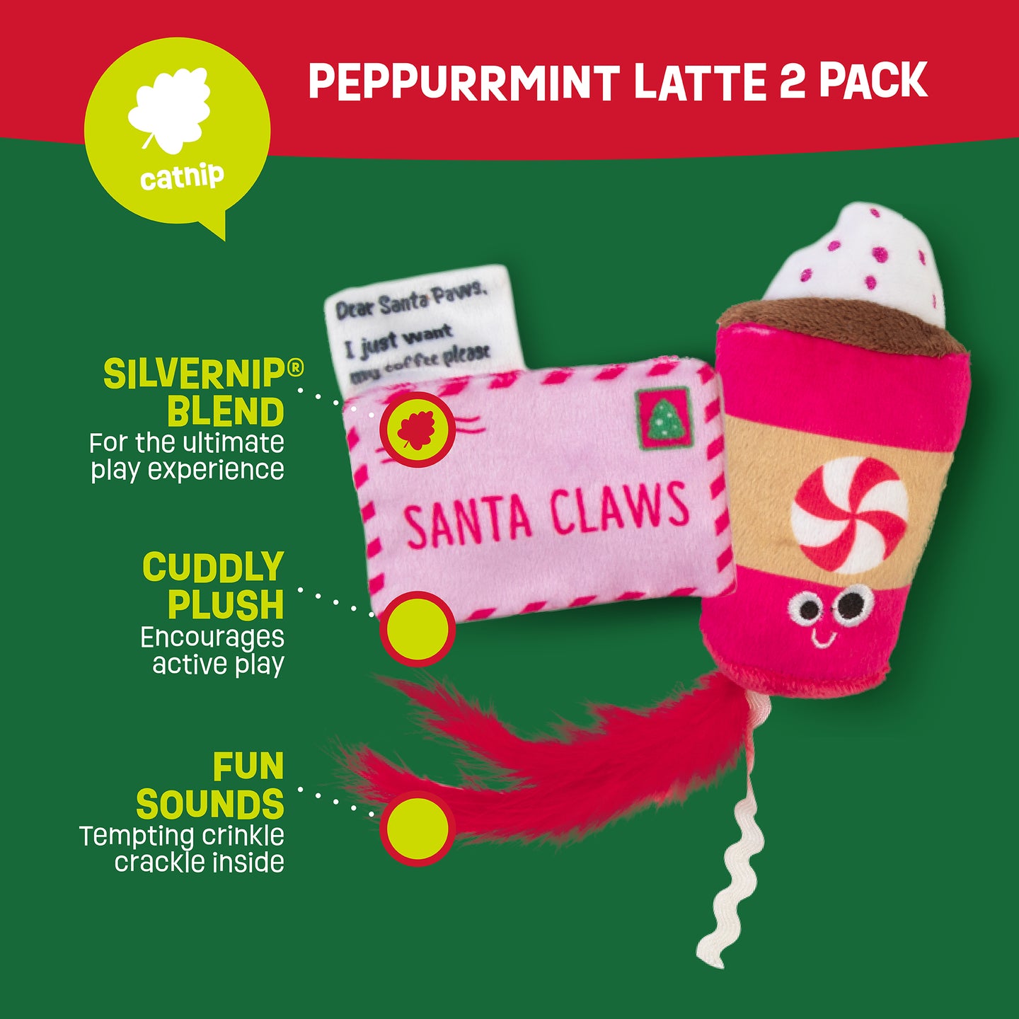 Introducing the Mad Cat Pepurrmint Latte 2 Pack Cat Toy set! One toy mimics a festive drink with whipped cream, while the other looks like an envelope. Both feature a silvervine blend, cuddly plush, fun sounds, and a red feather for extra excitement.