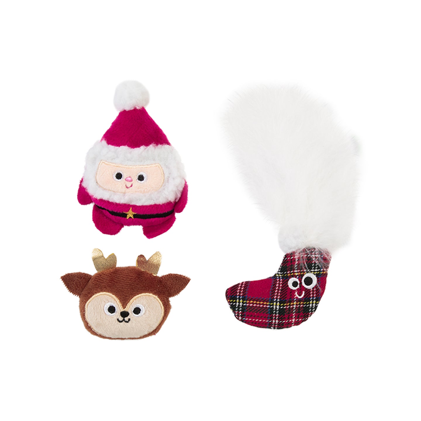 Introducing the Mad Cat Oh So Jolly 3 Pack: a festive trio including a Santa plush with a pink suit, reindeer plush with gold antlers, and red tartan stocking with fluffy white top and googly eyes. Perfect for holiday fun with your feline friend!.