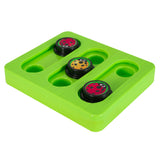 The Mad Cat Battin At Bugs Bento Box is a green plastic treat dispenser puzzle toy by Mad Cat. It features three ladybug-shaped pieces—two red with black spots and one yellow with black spots—designed for interactive play with holes to engage your cat in playful exploration.